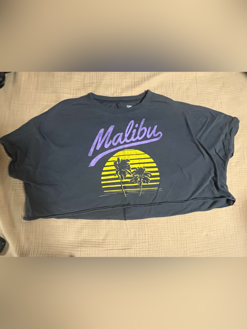 Malibu Graphic Crop Tee - Black with Purple & Yellow Print 100% cotton